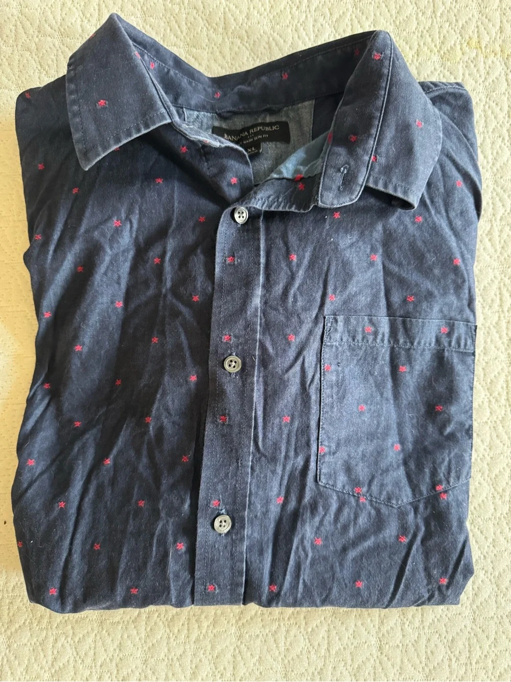 Banana Republic Navy Short Sleeve Button-Down with Pink Micro Dots